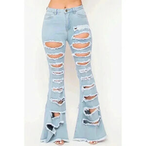 CLOSET CLOSEDOWN⚠️🚨Denim Light Blue Flare Leg Distressed Cut Up/Out Jeans